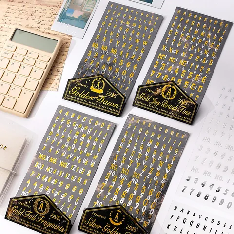 ZABC Vintage Gold Silber Buchstaben Zahlen PET Aufkleber Retro Shining Festival Serie Bronzieren Scrapbooking Journal DIY Dekoration
