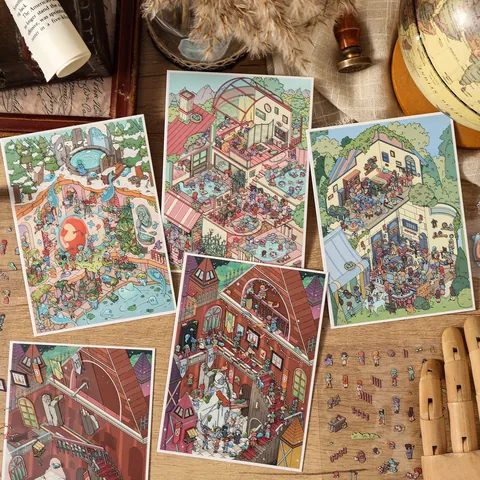 Vintage PET White Cardboard 3D Miniature Scene Stickers Adventure Journal Fantasy Castle Crafting Stickers For Scrapbook DIY Decoration