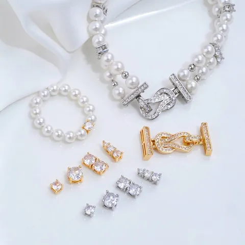 14K Gold Plated Brass Cubic Zirconia Spacer Beads Double Row 8-Shape Clasp For DIY Jewelry Making Findings Connector