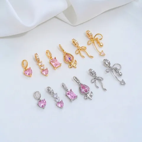 Brass 14K Gold Plated Pink Zirconia Pendants For DIY Jewelry Making Heart Rectangle Tulip Bow Knot Charms Handcrafted Jewelry Supplies