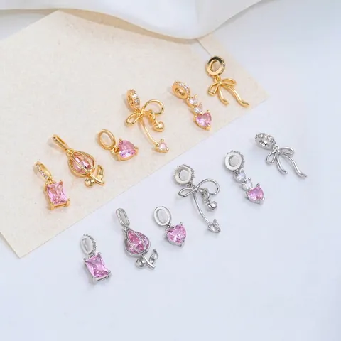 Brass 14K Gold Plated Pink Zirconia Pendants For DIY Jewelry Making Heart Rectangle Tulip Bow Knot Charms Handcrafted Jewelry Supplies