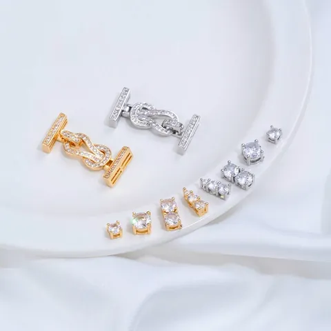14K Gold Plated Brass Cubic Zirconia Spacer Beads Double Row 8-Shape Clasp For DIY Jewelry Making Findings Connector