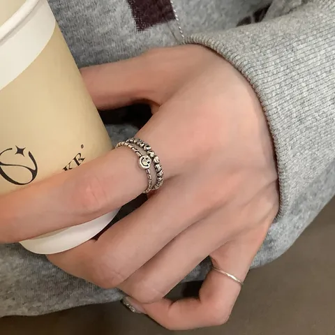 Vintage Distressed Double Layer Smiley Face Heart Open Ring Copper Thai Silver Style Hip Hop Adjustable Jewelry Finger Ring for Women