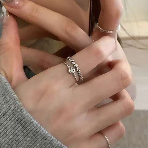 Vintage Distressed Double Layer Smiley Face Heart Open Ring Copper Thai Silver Style Hip Hop Adjustable Jewelry Finger Ring for Women