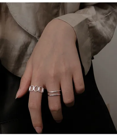 925 Sterlingsilber Retro Geometrisch Hohl Ausgeschnitten Offener Ring Für Damen Verstellbarer Minimalistischer Doppelschicht Schmuck