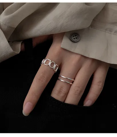 925 Sterlingsilber Retro Geometrisch Hohl Ausgeschnitten Offener Ring Für Damen Verstellbarer Minimalistischer Doppelschicht Schmuck