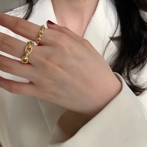 S925 Sterling Silver Chain Ring For Women Minimalist Adjustable Open Ring Gold Silver Plated Pig Nose Link Ring Korean Trendy Fashion Jewelry