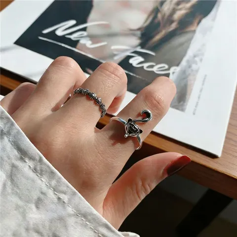 Vintage Thai Silver Style Fox Open Ring For Women Retro Hip Hop Adjustable Animal Finger Ring Jewelry Gift