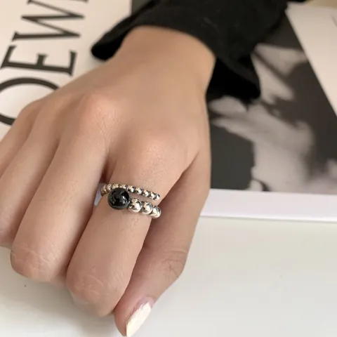925 Sterling Silver Red Black Gemstone Adjustable Open Ring For Women Vintage Woven Minimalist Jewelry Gift Finger Ring