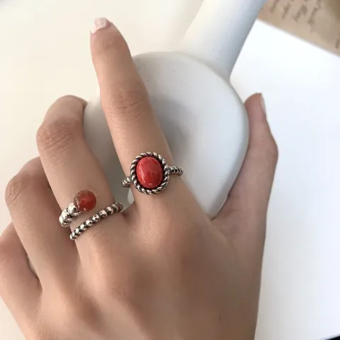 925 Sterling Silver Red Black Gemstone Adjustable Open Ring For Women Vintage Woven Minimalist Jewelry Gift Finger Ring