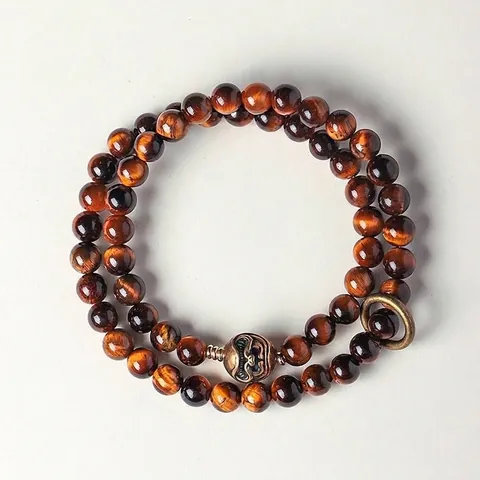 Tibetan Bronze Double Loop Beaded Bracelet For Women Men Yellow Tiger Eye Black Obsidian Ethnic Vintage Handcrafted Jewelry
