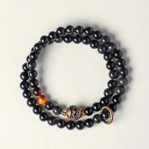 Tibetan Bronze Double Loop Beaded Bracelet For Women Men Yellow Tiger Eye Black Obsidian Ethnic Vintage Handcrafted Jewelry