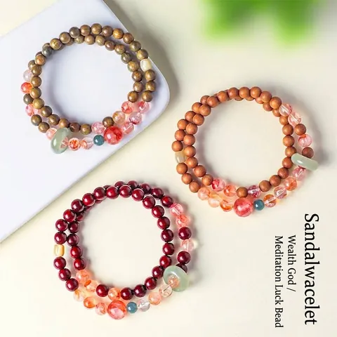 Pulsera de Doble Vuelta de Sándalo Natural Jade Nefrita Cuentas Cuarzo Fantasma Rojo Jadeíta Concha Joyería Estilo Chino Para Mujer