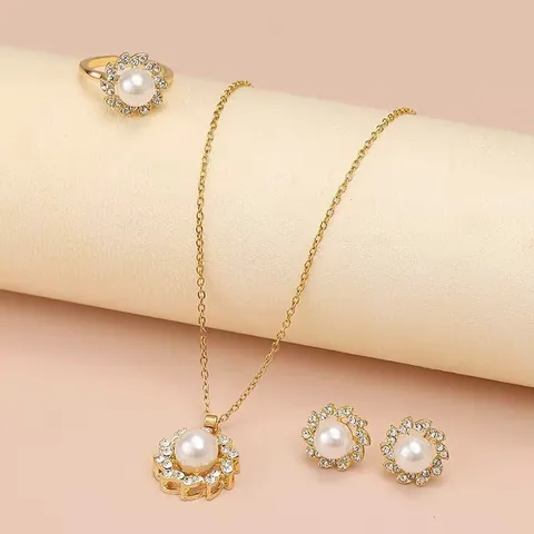 Elegante Set Gioielli in Lega con Fiori Perle Artificiali e Strass per Donna Collana Orecchini Anello Gioielli per Feste