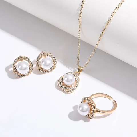 Set Gioielli in Lega di Ferro Geometrico Strass Perla Artificiale Collana Orecchini Anello per Donna Pendolarismo