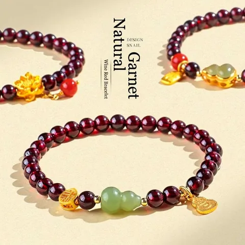 Natural Wine Red Garnet Hetian Jade Gourd Beaded Bracelet For Women Chinese Style Vintage Gemstone Charm Bracelet Fashion Jewelry Gift