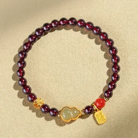 Natural Wine Red Garnet Hetian Jade Gourd Beaded Bracelet For Women Chinese Style Vintage Gemstone Charm Bracelet Fashion Jewelry Gift