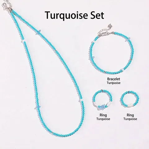 Handmade Turquoise And Aquamarine Beaded Jewelry Set For Women Fresh Sweet Ocean Style With Heart Pendant Shell Accents