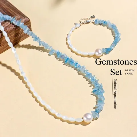 Bijoux en Aigue-Marine Irrégulière Perle d'Eau Douce et Troque Femmes Collier Bracelet Bague en Argent Sterling S925 Accessoires Élégants Faits à la Main