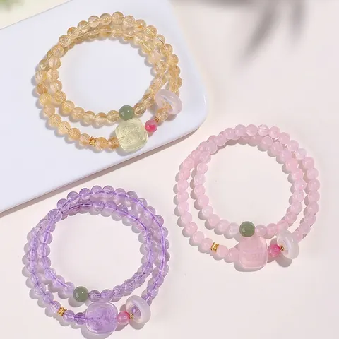 Pulsera de Cuentas de Amatista Natural Cuarzo Rosa Citrina para Mujer Zagi Lhamo Dios de la Riqueza Jade Nefrita Ágata Amuleto Doble Vuelta Joyería Estilo Étnico Regalo