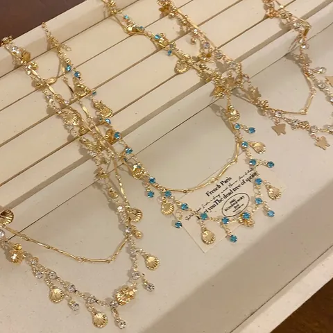 Vintage Palace Style Double Layered Zinc Alloy Shell Butterfly Pendant Necklace Blue White Rhinestone Clavicle Chain Jewelry For Women