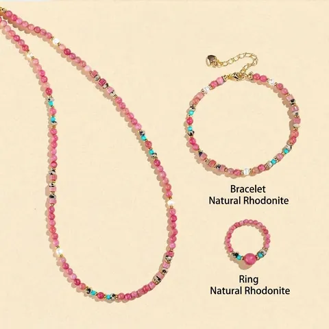 Natürlicher Rhodonit Süßwasserperle Perlen Schmuck Kollektion Für Damen Handgefertigt Legierung Herzanhänger Halsketten Armband Ringe Zubehör