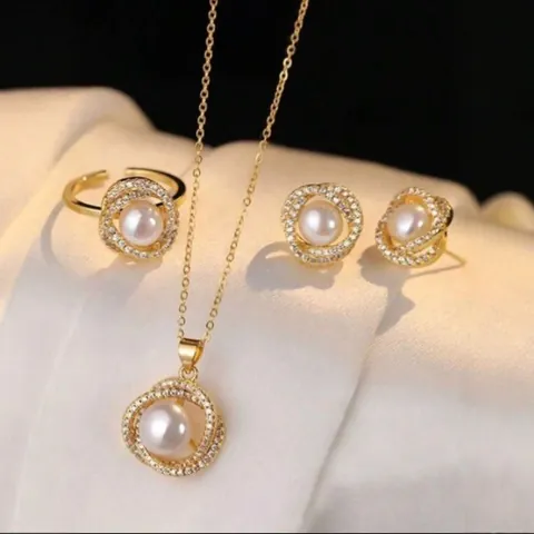 Set Gioielli in Lega di Ferro Geometrico Strass Perla Artificiale Collana Orecchini Anello per Donna Pendolarismo