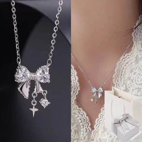 Luxury Zinc Alloy Bowknot Pendant Necklace For Women Heart Rhinestone Star Tassel Clavicle Chain Fashion Neck Jewelry Gift