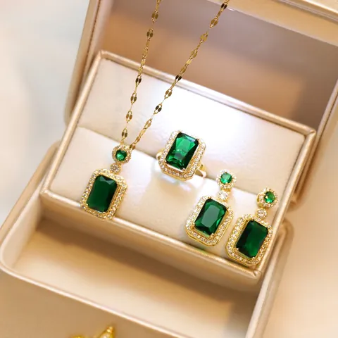 Set di Gioielli in Strass Verde Smeraldo Vintage per Donna Collana Orecchini Anello Geometrico in Lega di Zinco Regalo