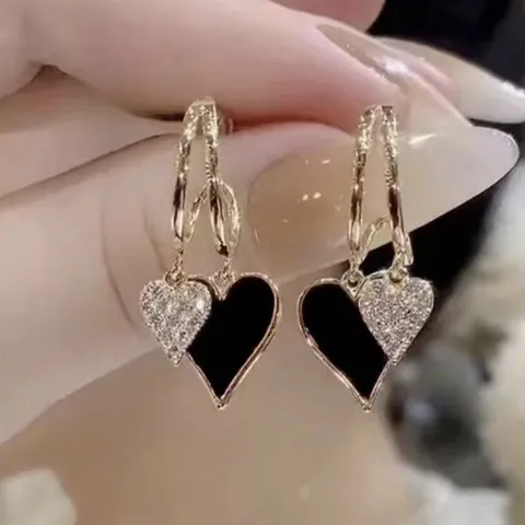 Luxury Alloy Rhinestone Heart Drop Earrings For Women Fashion Red Enamel Peach Heart Stud Earrings With Silver Earring Post