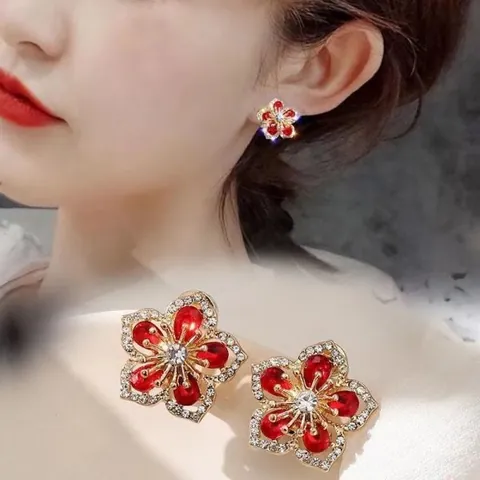 Fashion Simple Pink Flower Petal Rhinestone Stud Earrings For Women Elegant Light Luxury Zinc Alloy Jewelry With Stainless Steel Post