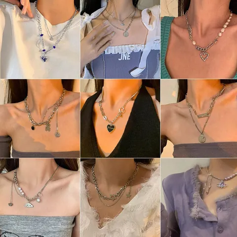 Collana con Pendente a Cuore in Lega e Strass a Strati alla Moda per Donna Placcata Oro Argento Catena Hip Hop per Maglioni Gioielli da Festa