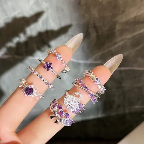 Copper Zirconia Sweet Cool Purple Dreamy Bowknot Swan Open Ring For Women Elegant Rhinestone Adjustable Jewelry Finger Ring