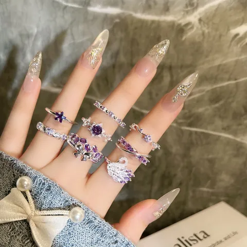 Copper Zirconia Sweet Cool Purple Dreamy Bowknot Swan Open Ring For Women Elegant Rhinestone Adjustable Jewelry Finger Ring