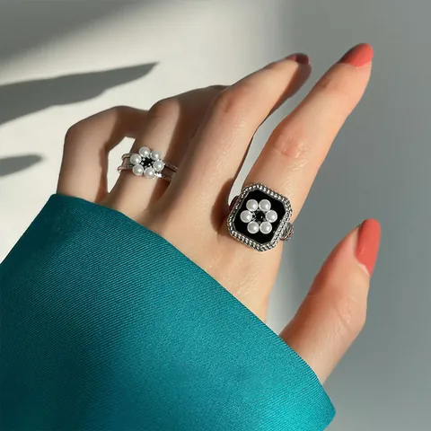 Bague Ouverte Vintage en Argent Sterling 925 et Perle Artificielle pour Femme Élégante Forme Fleur Géométrique Anneau Réglable Index Bijoux Mode Coréenne
