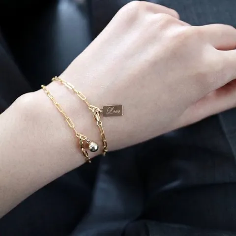 925 Sterling Silver 14K Gold Filled Minimalist Paperclip Chain Bracelet With Love Square Tag Round Ball For Women Jewelry
