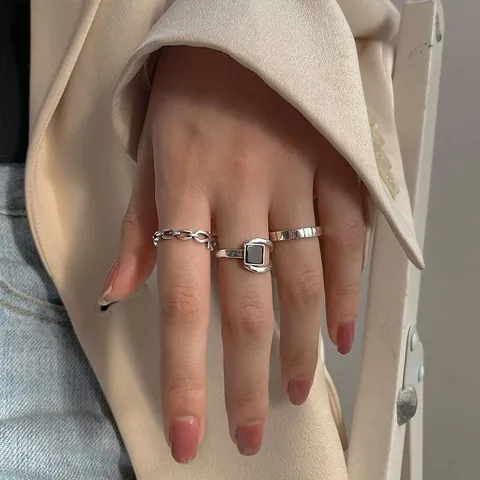 925 Sterling Silver Black Onyx Geometric Square Open Adjustable Ring Fashion Niche Minimalist Design Finger Jewelry For Women