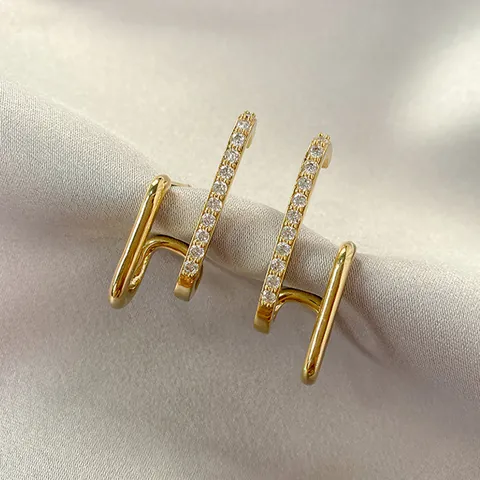 Minimalist Gold Plated Geometric J-Shaped Stud Earrings With 925 Sterling Silver Post Pave Rhinestone Fashion Jewelry For Women