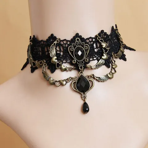 Vintage Gothic Black Lace Choker Necklace For Women Bronze Alloy Heart Wings Resin Gem Pendant Gothic Slave Hand Chain Bracelet