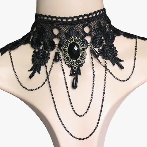 Γοτθικό Μαύρο Δαντελένιο Κολιέ Choker για Γυναίκες Βίντατζ Πανκ Στρας Μενταγιόν Σετ Αλυσίδα Χεριού Κοσμήματα Πάρτι Αξεσουάρ Κοστουμιών