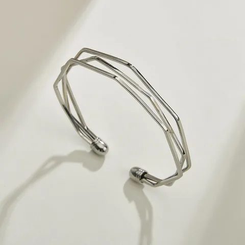 Minimalist Irregular Geometric Multi Layer Open Cuff Bangle For Women Korean Style Polished Metal Adjustable Bracelet Jewelry Accessory Gift