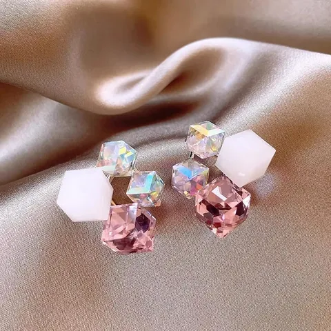 Orecchini a Lobo Cubo Geometrico Vetro Sfumato Color Caramella Perno Argento Sterling 925 Strass Gioielli Donna Regalo