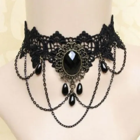 Collana Girocollo in Pizzo Nero Gothic per Donna Bracciale a Mano in Lega Vintage Vittoriana con Strass Anello Gioielli da Festa