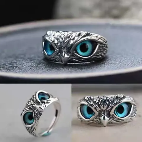 Anello Aperto in Lega Retrò a Forma di Gufo Con Malocchio per Uomo Donna Regolabile Esagerato Animale Strass Gioielli