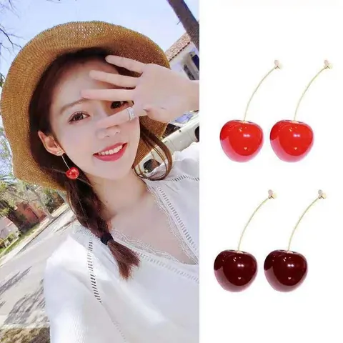 Women Sweet Red Cherry Fruit Dangle Earrings Resin Gold Stem Elegant Personality Fashion Niche Design Stud Earrings Jewelry Gift
