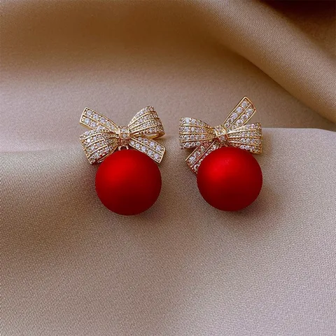 Orecchini a Bottone con Fiocco Natalizio e Strass per Donna Eleganti Orecchini in Lega con Perla Artificiale Regalo di Gioielli