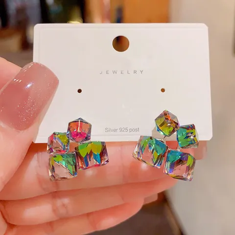 Orecchini a Lobo Cubo Geometrico Vetro Sfumato Color Caramella Perno Argento Sterling 925 Strass Gioielli Donna Regalo
