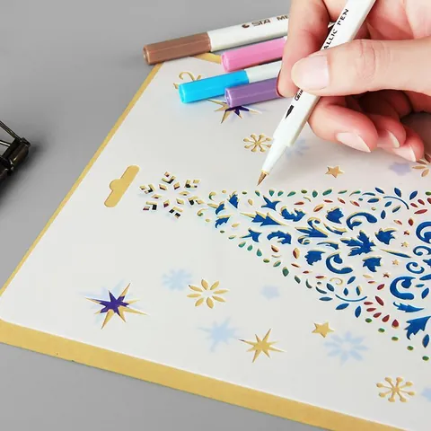 Festive Christmas Plastic Drawing Stencil Hollow Out Painting Template Graphic Reindeer Christmas Tree Pattern For DIY Scrapbook Photo Album Journal Decoration
