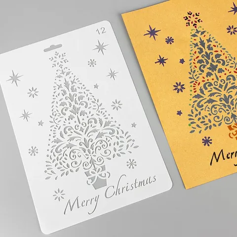Festive Christmas Plastic Drawing Stencil Hollow Out Painting Template Graphic Reindeer Christmas Tree Pattern For DIY Scrapbook Photo Album Journal Decoration