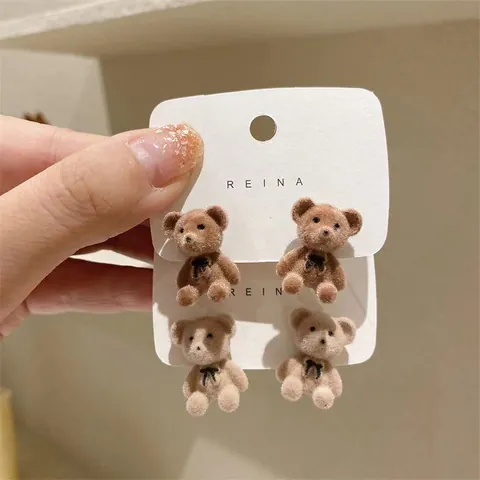 Orecchini a Bottone Orso Coniglio Fioccato Perno in Argento Sterling 925 Donna Ragazza Gioielli di Moda Stile Coreano